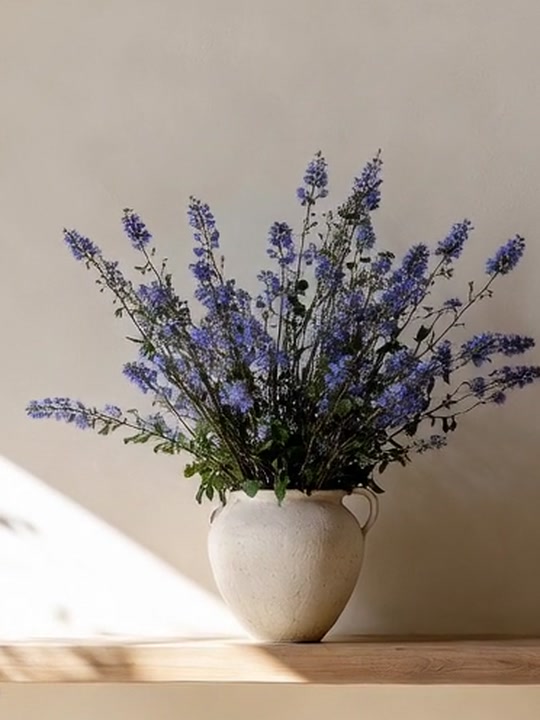 Blue flowers in a cream vase on a pale oak shelf against a sunlit wall